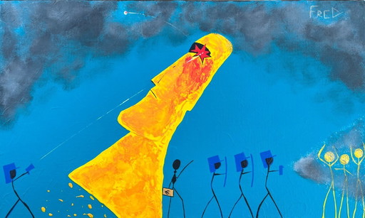 Acrylic on canvas "Yellow Moai" Format 55x33cm.