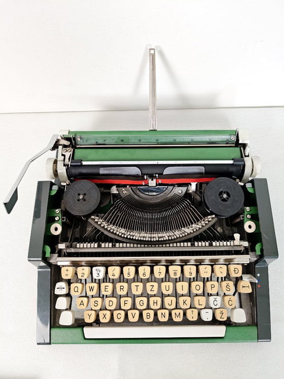 Image 1 of Vintage Green Working Typewriter / Green UNIS TBM De Luxe 1970's / Retro Office / Office Decor / Olympia / Mid Century Modern