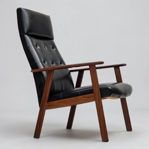 Fauteuil danois des années 1970, cuir artificiel noir, bois de teck.