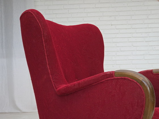 Image 1 of 1960s, fauteuil danois, état original, tissu en laine, pieds en bois de hêtre.
