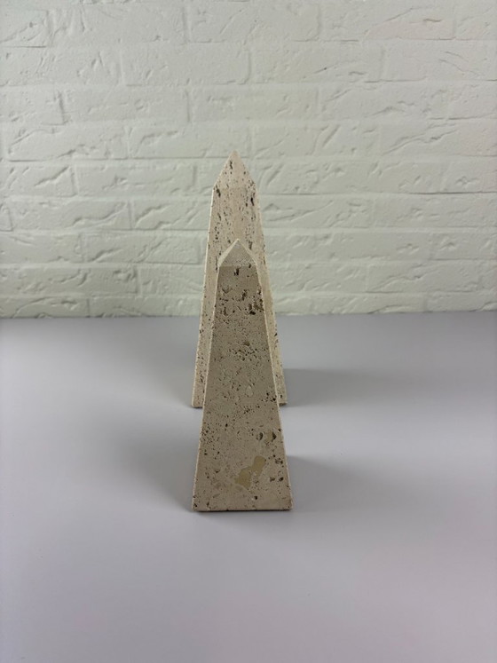 Image 1 of Vintage pair of Italian Travertine Obelisk Sculptures attr. Fratelli Mannelli