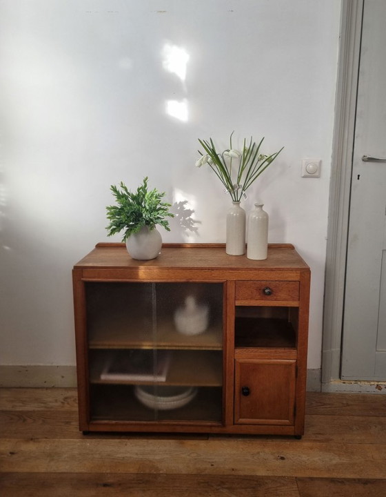 Image 1 of Vintage cupboard/sideboard with sliding doors, structured glass