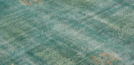 Vintage Turkish Overdyed Rug 261x162 Cm – Teal Handknotted Wool Carpet With Distressed Floral Design (photo 9 of 12)