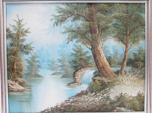 Dipinto ad olio d'epoca su tela, paesaggio astratto, firmato