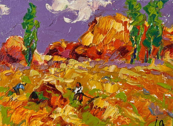 Image 1 of Peinture à l'huile originale, paysage de champ d'été, après-midi d'août