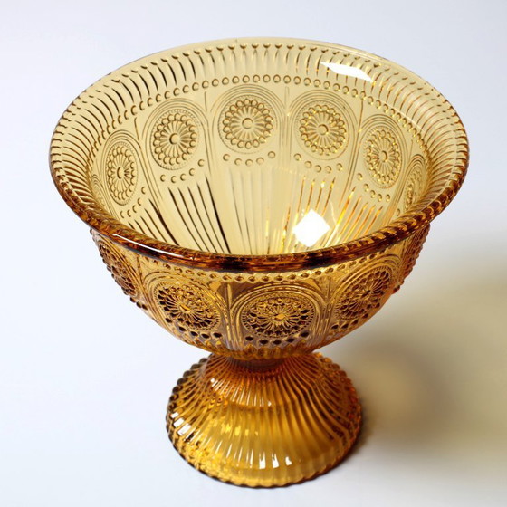 Image 1 of Ciotola con piedistallo color ambra, stile metà secolo / Moderno Vintage / Godinger / USA / Anni '90