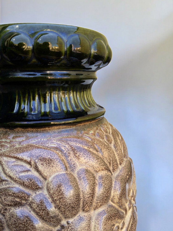 Image 1 of Scheurich 287-41 - grande vaso di metà secolo, ceramica vintage marrone chiaro con decoro floreale, Germania Ovest anni '60/