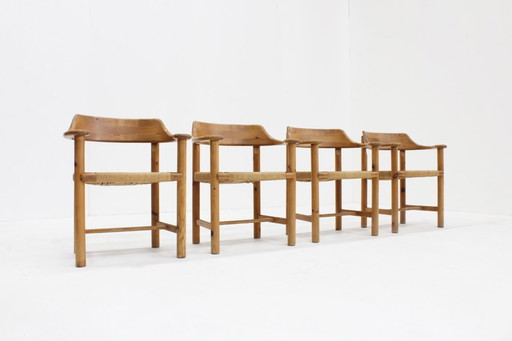 Conjunto de mesa de comedor vintage y sillas de comedor de madera de pino papercord