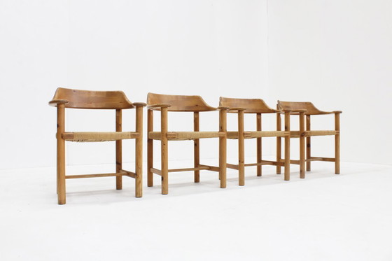 Image 1 of Set Vintage dining table and dining chairs pine wood papercord