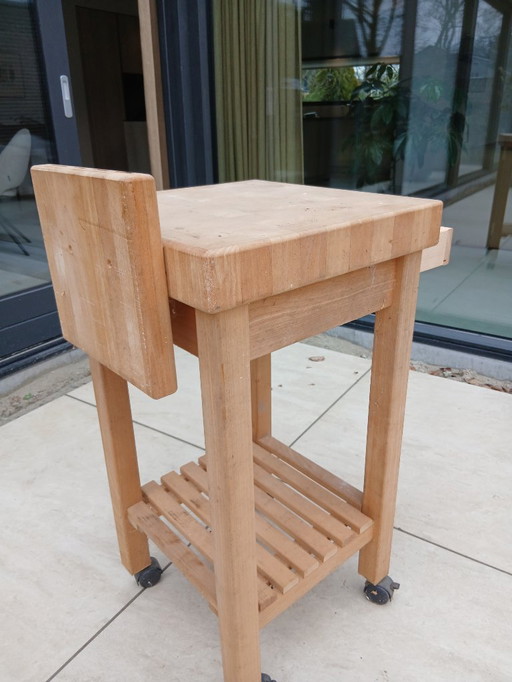 Carrello da cucina in rovere massello con ceppo/cassetto/ceppo per coltelli.