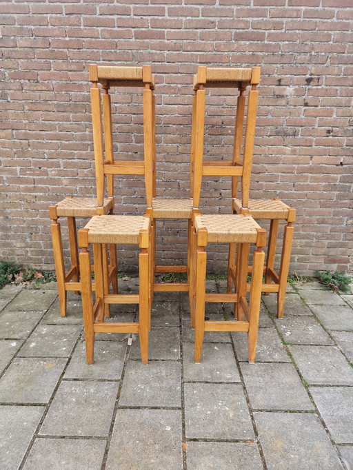 7 Prachtige Licht Eiken/Rotan Vintage Jaren '70 Barkrukken
