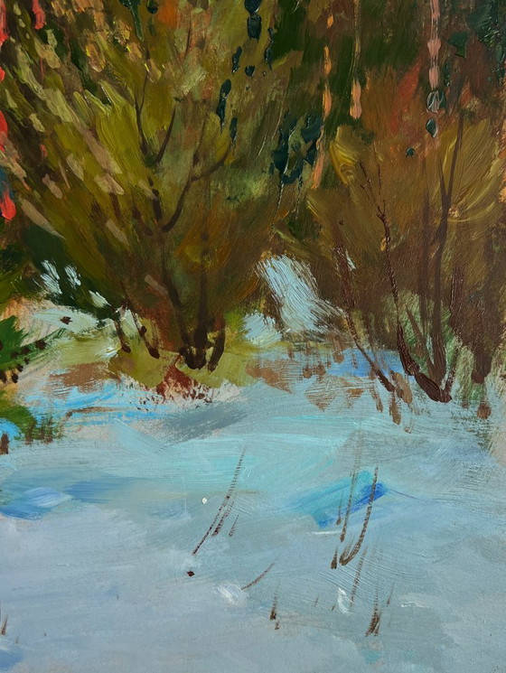 Image 1 of Original Oil Painting Snowy Trees Landscape Path in the winter forest
