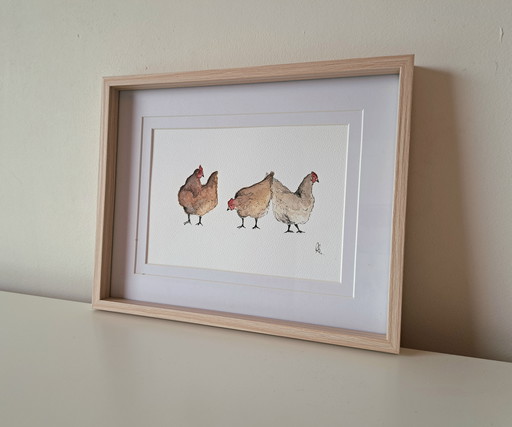 Watercolor painting chickens original | With frame