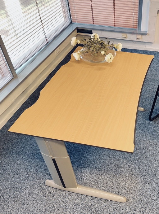 Scrivania in faggio, sedia in pelle con ruote e base a rulli