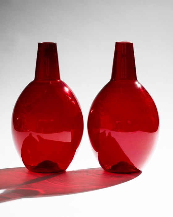 Image 1 of Hirschberg “Kalabasse” Ruby Red Sculptural Glass Vase Duo Wilhelm Braun-Feldweg