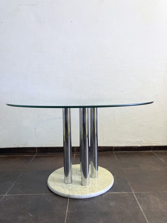 Image 1 of Round Italian dining room table from the 70s marble glass chrome