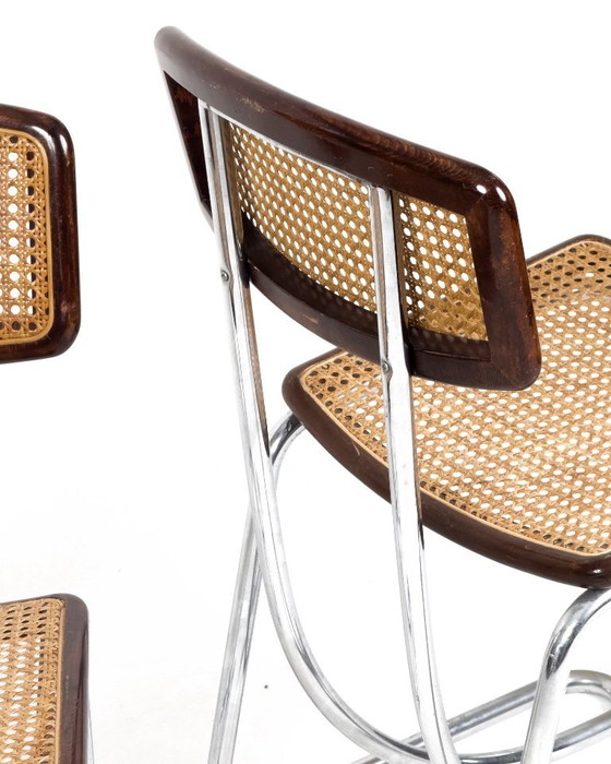 Image 1 of Set van 4 vintage cantileverstoelen in chroom, hout en Weens riet, jaren 70.