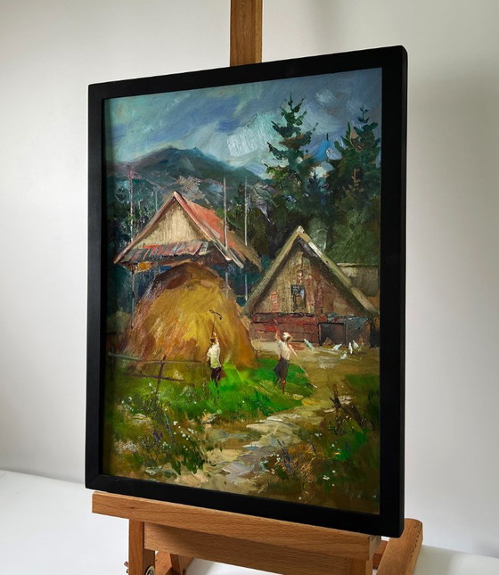 Original Oil Painting Rural Landscape Village Life House On The Mountains – Paintings & Drawings, Mdf (photo 3 of 9)