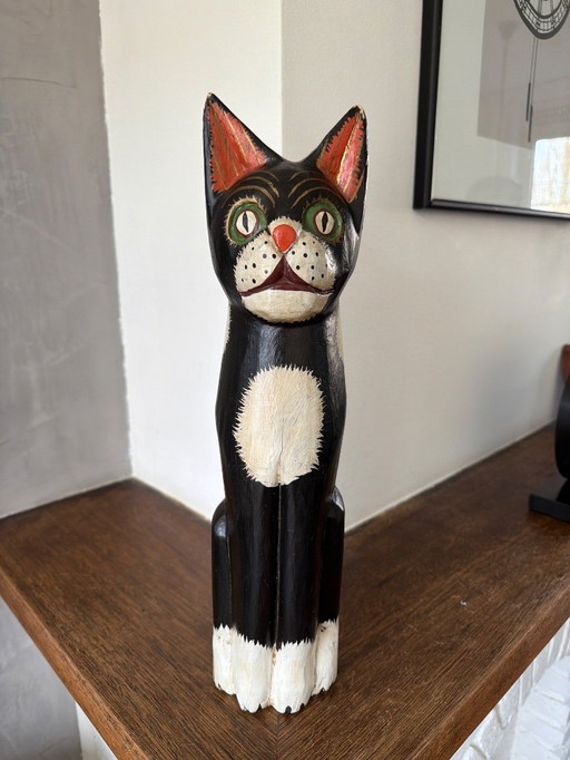 Vintage houten kat zwart wit 41cm
