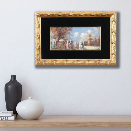 Gallant Scene, Oil Painting on Board Signed N. Sidoli, Italy Early 20th Century