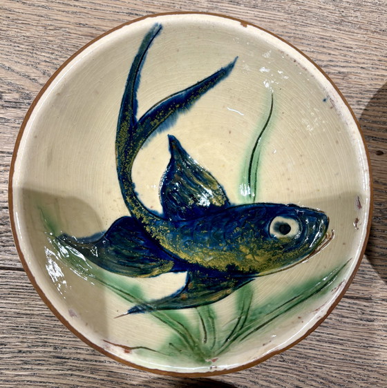 Image 1 of Set of 6 handmade studio ceramic bowls with fish decorations (Puigdemont?) – 1970s/80s