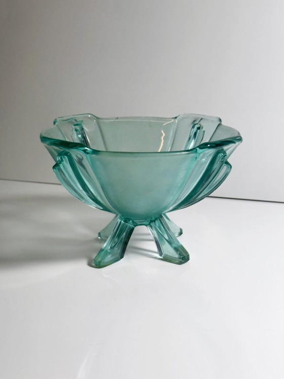 Image 1 of Coupe sur pied Art Déco vintage, Stölzle, verre turquoise, vert d'eau et aigue-marine, années 1930, Autriche