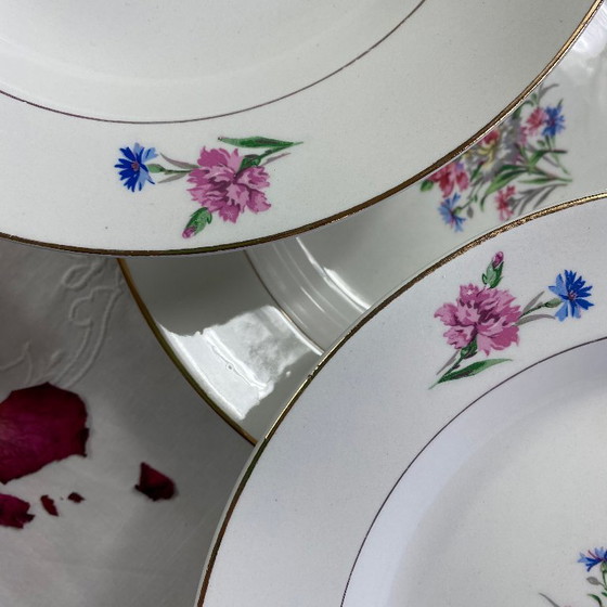 Image 1 of Set of 6 antique Sarreguemines earthenware soup plates, Cibon Nice pattern, flowers and gilding