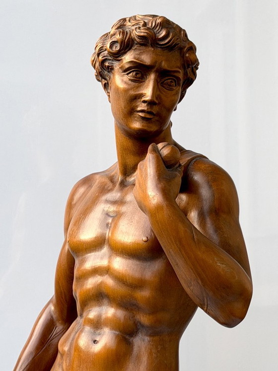 Michelangelo David Sculture in Legno Intagliate a Mano 65 cm Statua Vintage Foglia di Fico (photo 12 of 23)