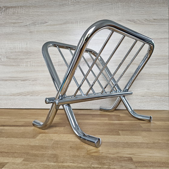 Image 1 of Vintage Zack Design Bauhaus Magazine Rack 80s Chrome