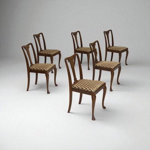 1930s, set of 6 Danish vintage chairs, furniture velour, oak wood, reupholstered.