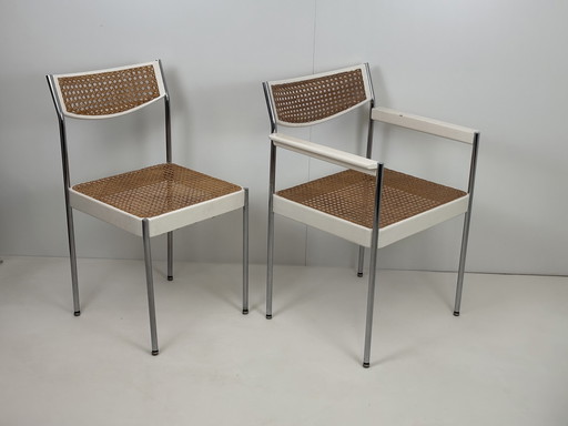 2 x vintage fauteuil rotan/webbing chroom buisframe wit hout