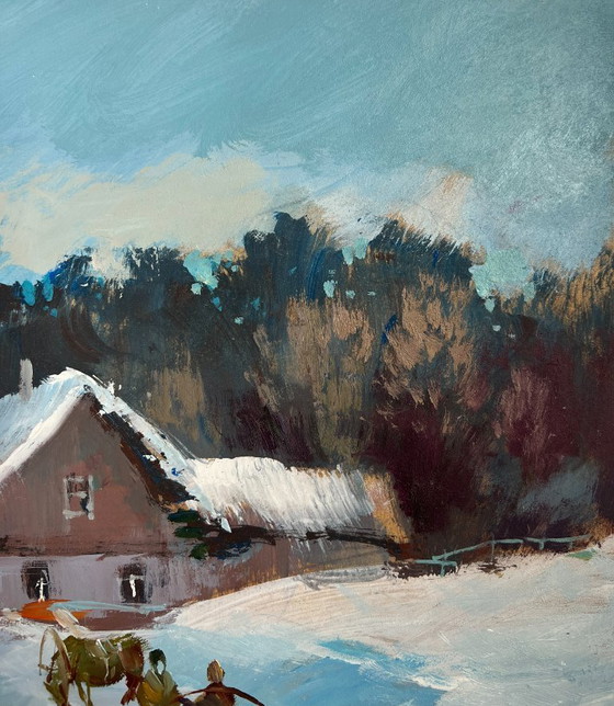 Image 1 of Original Oil Painting Winter House Landscape Path through snowdrifts