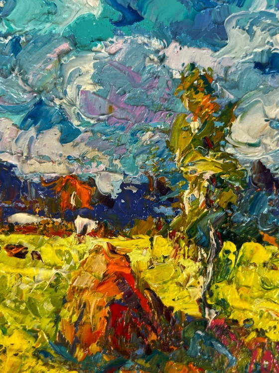Image 1 of Pintura al óleo original: Paisaje natural de un prado. Ha llegado el principio del otoño.