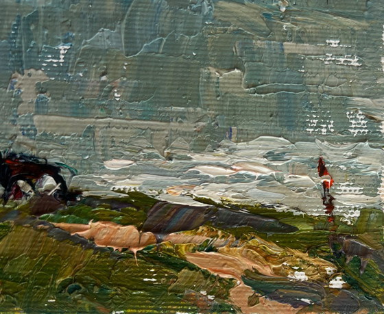 Image 1 of Original Oil Painting Gloomy River Landscape At the watering hole