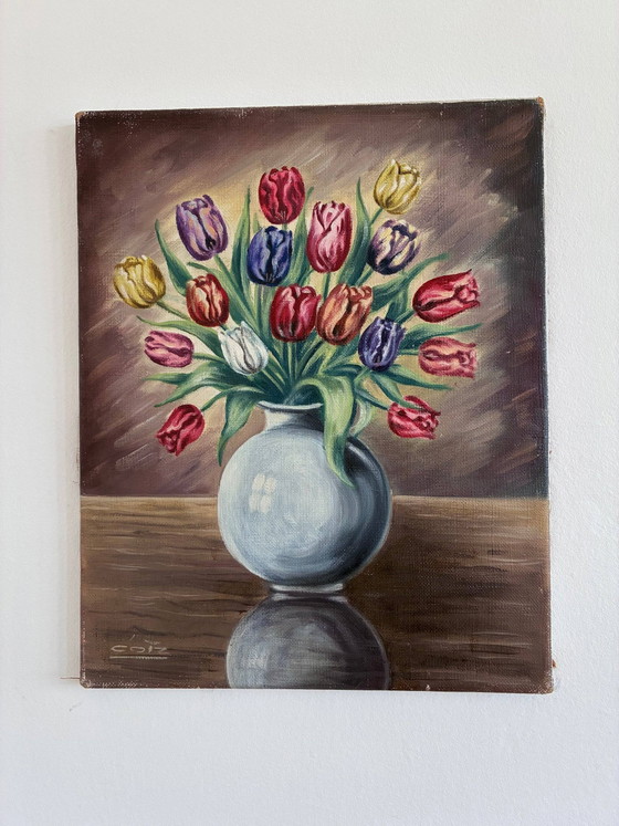 Image 1 of Vintage original flower oil painting, floral still life wall art