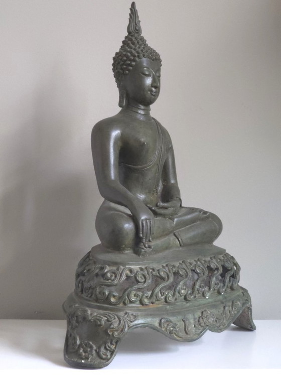 Antieke Bronzen Thaise Sukhothai Boeddha Akshobhya (47 cm) – Beeldhouwkunst (photo 7 of 14)
