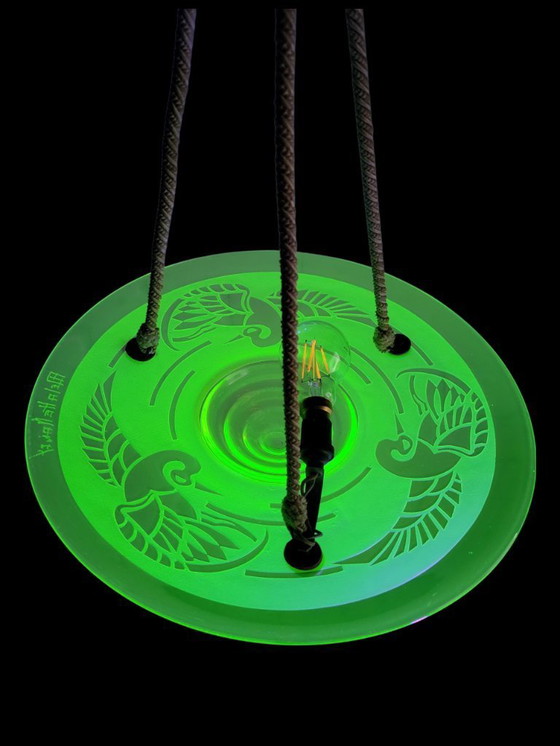 Image 1 of Very rare French Art Deco uranium chandelier from ca. 1925 by André Delatte with etched bird motif