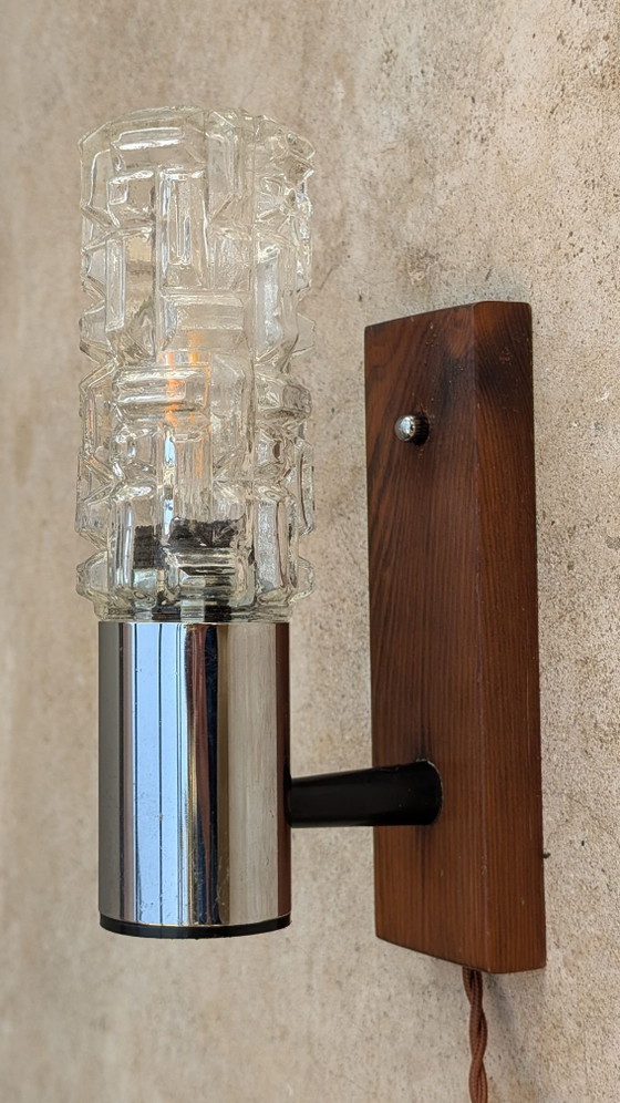 Eisglas Wandleuchte 70er Jahre, Wandleuchten, Holz, Braun (Foto 2 von 9)