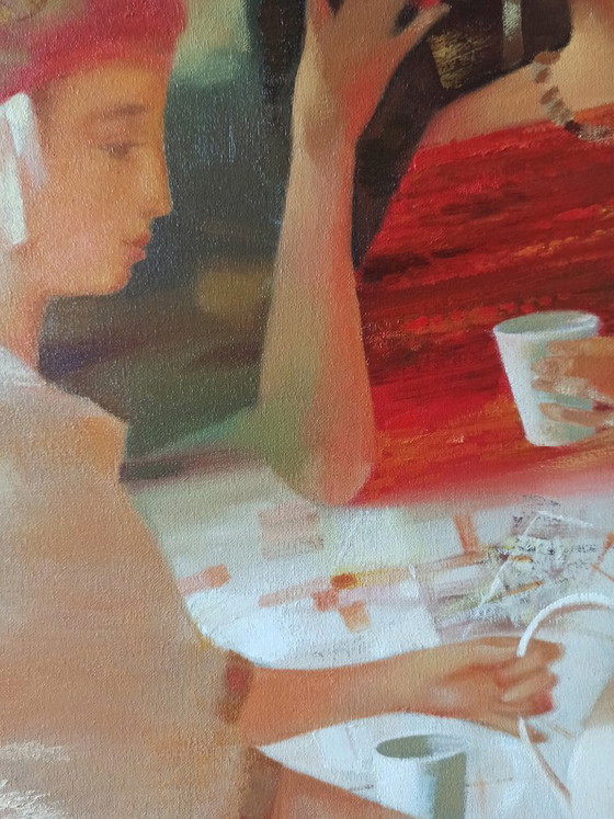 Dipinto ad olio originale, astratto figurativo, donne che prendono il tè – Dipinti e disegni, Canvas (photo 8 of 11)