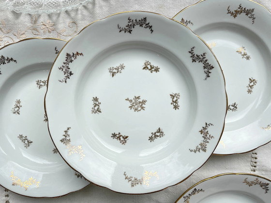 6 Assiettes Creuses en Porcelaine Blanche Dorée J&Ciem France 1950 Motif Floral – Vaisselle (photo 2 of 9)