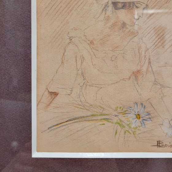 Image 1 of Disegno su carta "Ritratto femminile con margherita", firmato Boiscel, Art Nouveau, circa 1900 - Francia