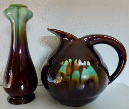 Faience de Thulin - Art Deco earthenware Beak jug + 2 vases.