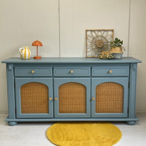 Restyle buffet bleu & portes en rotin commode unique