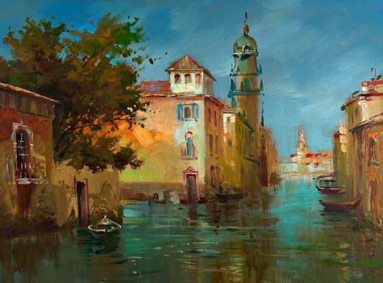Image 1 of Original Oil Painting River Street Landscape Water channels of the city walls