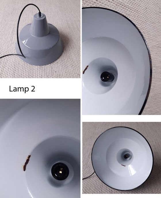 Image 1 of 1 of 4 gray enamel pendant lamps, minimalist industrial pendant lamp, mid-century modern dining table lamps; 4 STILL AVAILABLE