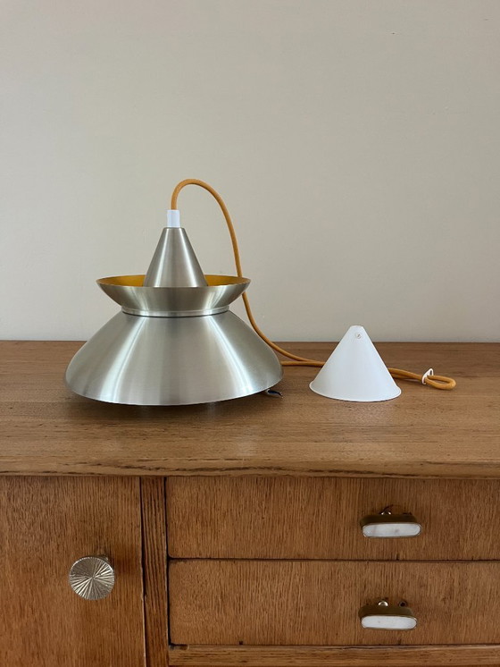 Image 1 of Suspension vintage danoise chromée/ocre - Lampe de style Doo Wop