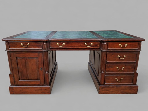 Klassischer englischer doppelseitiger Schreibtisch Partnerdesk, Schreibtisch mit Intarsienleder, 180x95cm, 81cm hoch.