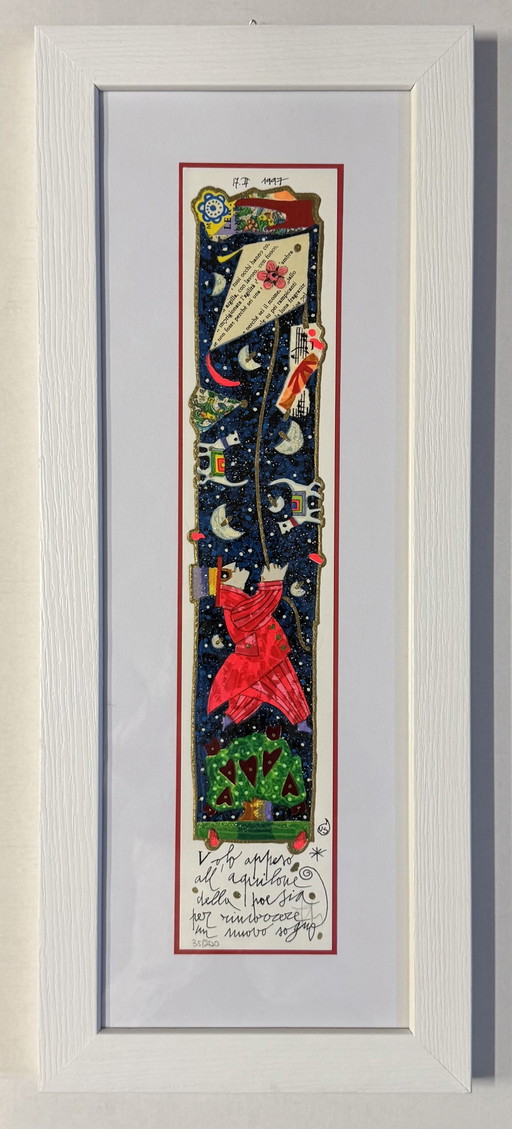 Francesco Musante, Siebdruck, 10 x 50 cm, Drachensteigen im Rahmen – lithos zeefdrukken, Paper, Wood