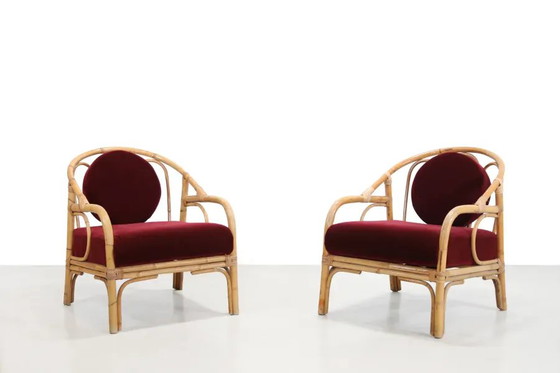 Set di 2 poltrone in bambù e rattan con rivestimento in mohair color rosso bordeaux. – Sedie da giardino (photo 2 of 7)