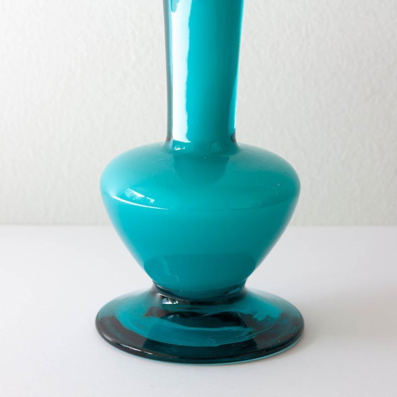 Vintage 1960s Portuguese Blue Glass Vase with Foot (photo 6 of 8)